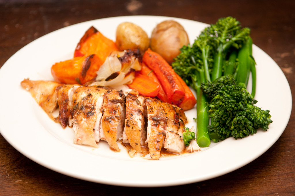 organic free range chicken roasted with vegetables and gravy