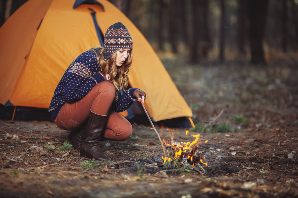 A woman camping in the nature